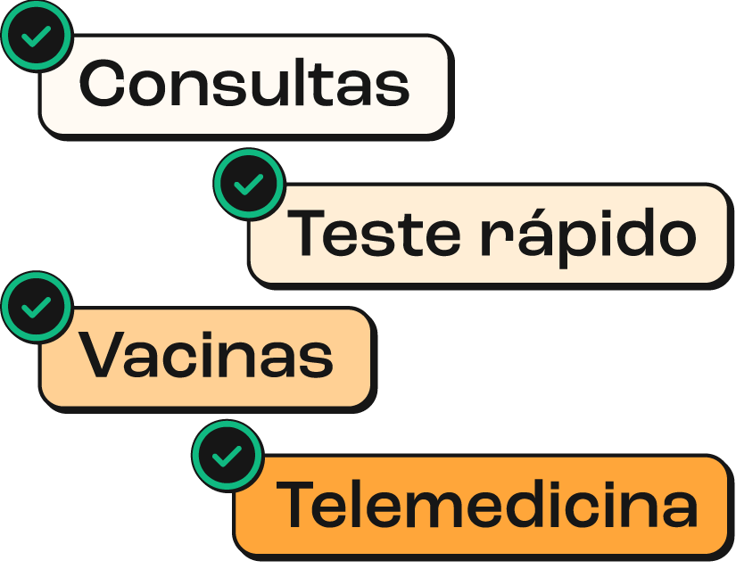 Benefícios do plano Cat Life: Procedimentos pré-aprovados e sem coparticipação, incluindo Consultas, Teste rápido, Vacinas e Telemedicina.