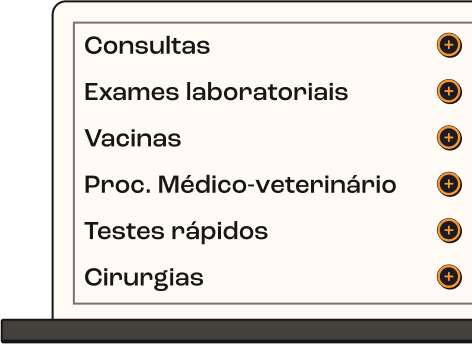 A tabela de cobertura para gatos Cat Life, a mais completa do mercado. A lista de serviços na tela inclui Consultas, Exames laboratoriais, Vacinas, Procedimentos Médico-veterinários, Testes rápidos e Cirurgias.
